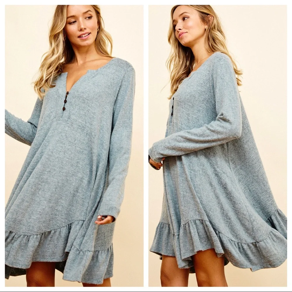 So Soft Cozy And Comfy Ruffle Hem Solid Tunic Dress - Picture 2 of 5